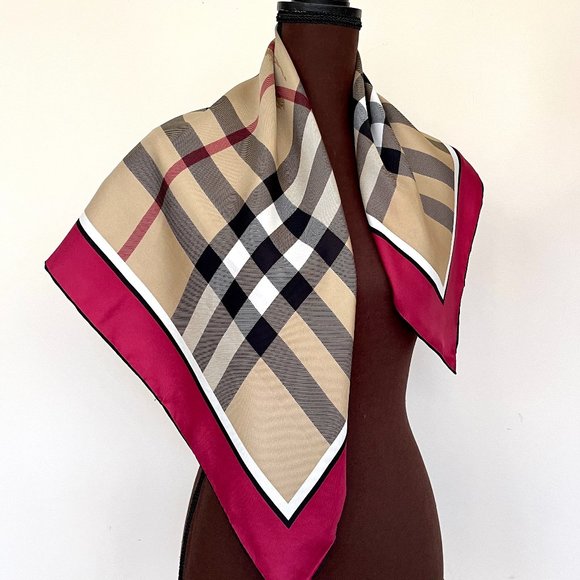NWT Burberry Scarf Classic Beige Check Pattern Red Border Silk Scarf Wrap - Picture 4 of 13